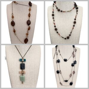 Lot of 4 Womens Long Beaded Necklaces Amber Crystal Geometric Layered Boho Vers